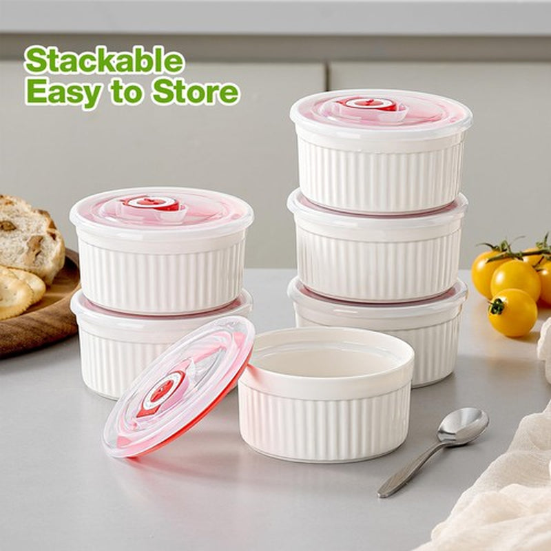 Ramekins with Lids Set of 6 8 Oz Porcelain Creme Brulee Souffle Covers White