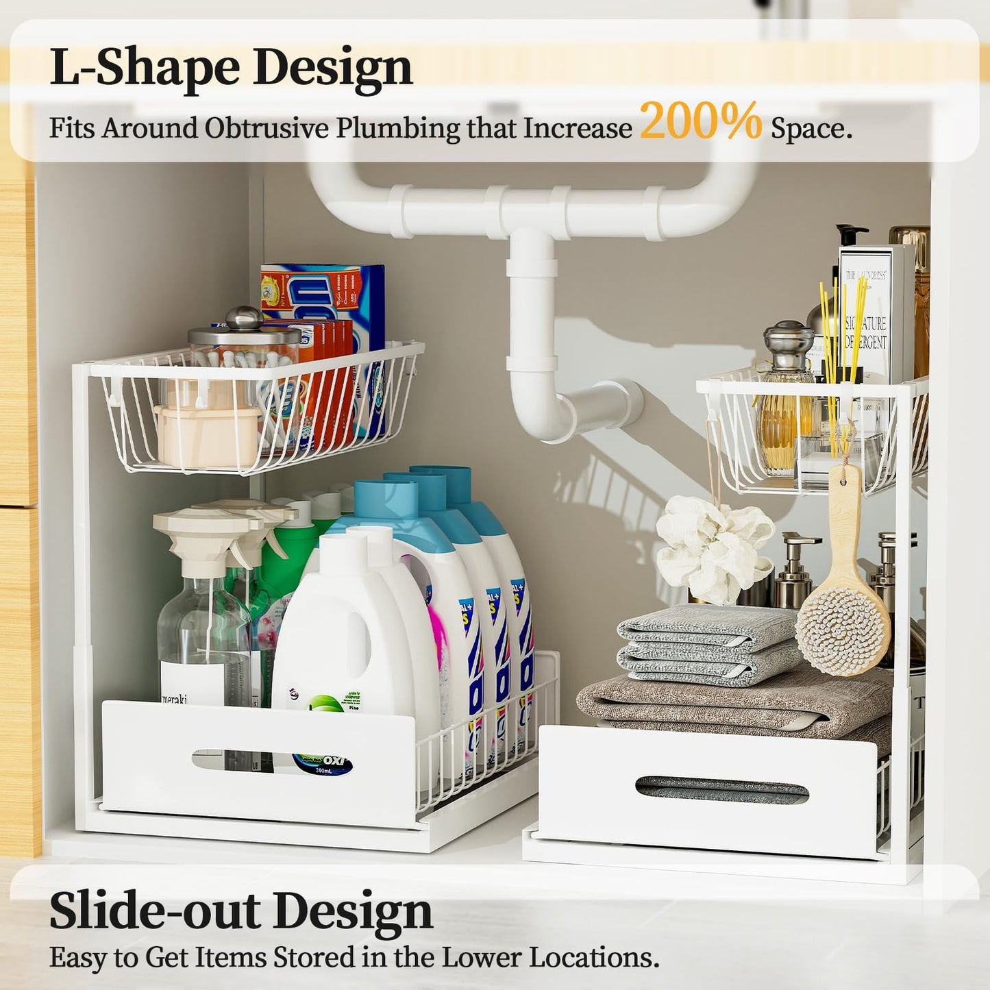 Under Sink Organizer Metal Pull Out Cabinet and Storage Slide Shelf with Hooks