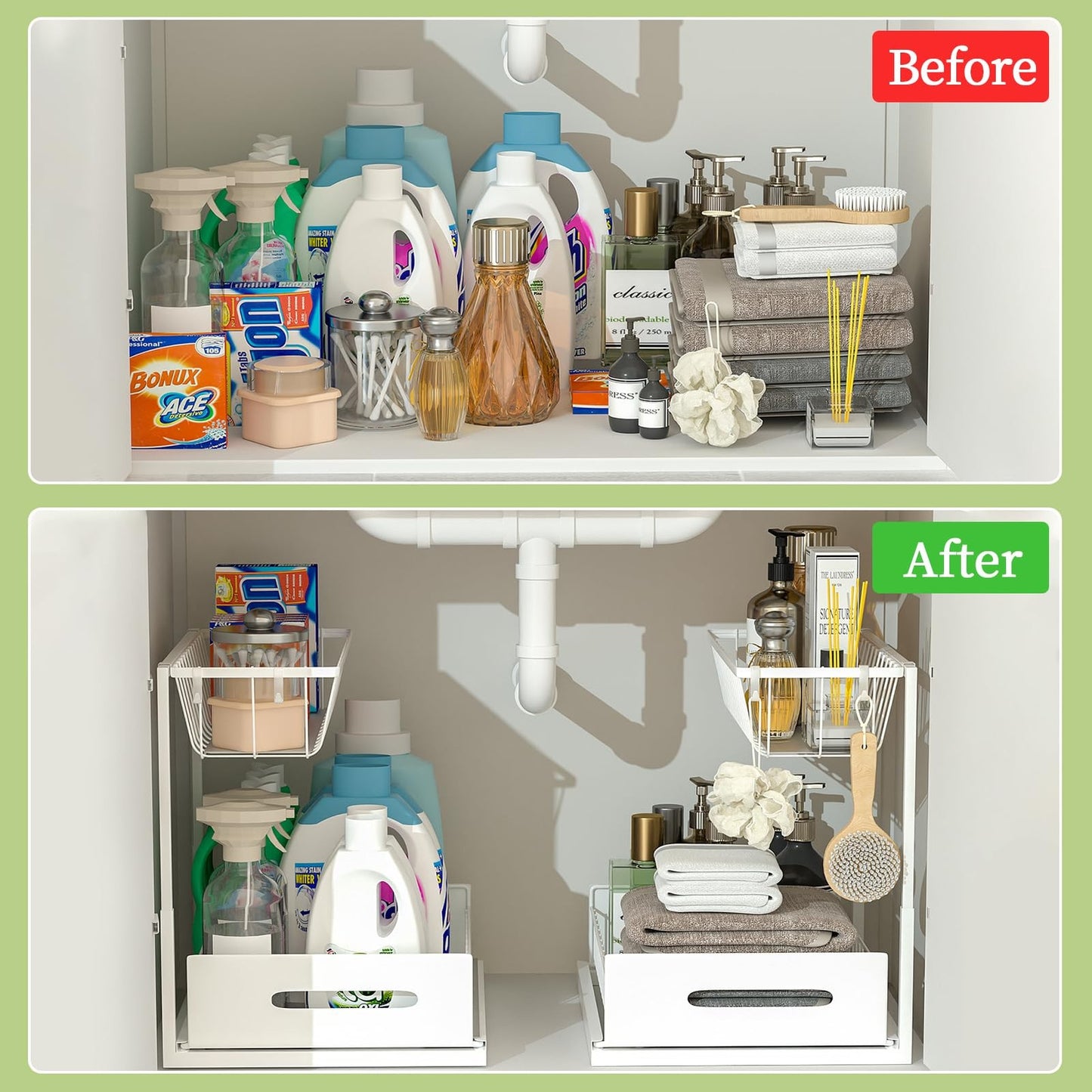 Under Sink Organizer Metal Pull Out Cabinet and Storage Slide Shelf with Hooks