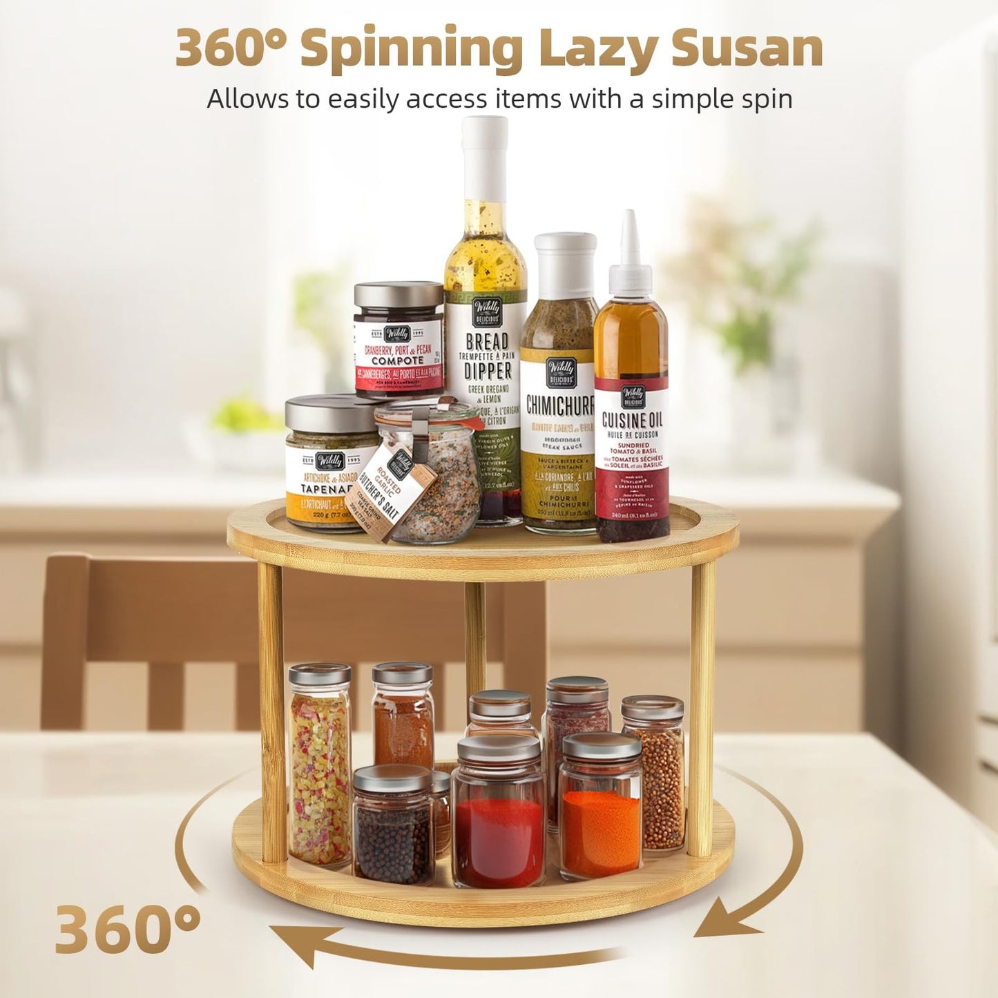 Bamboo Lazy Susan Turntable Organizer 2 Tier Spice Rack Kitchen for Countertop