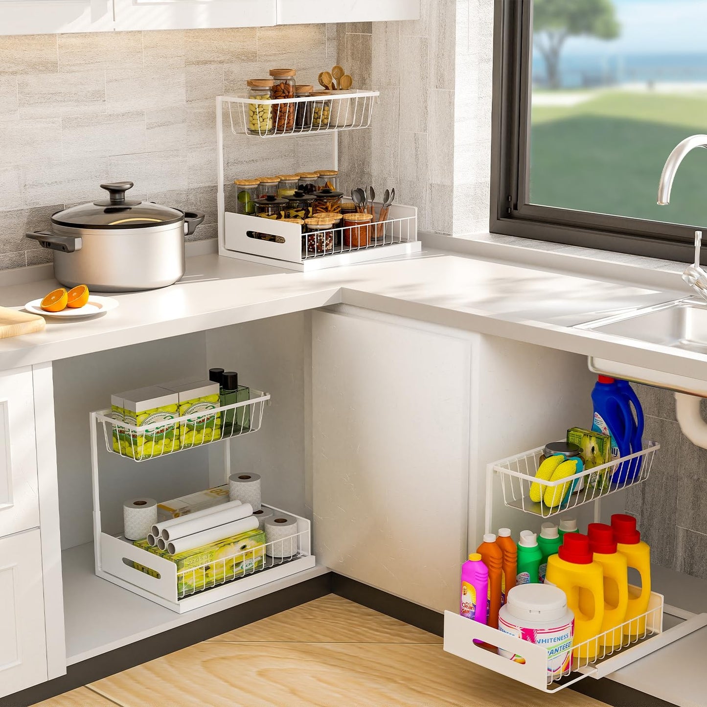Under Sink Organizer Metal Pull Out Cabinet and Storage Slide Shelf with Hooks