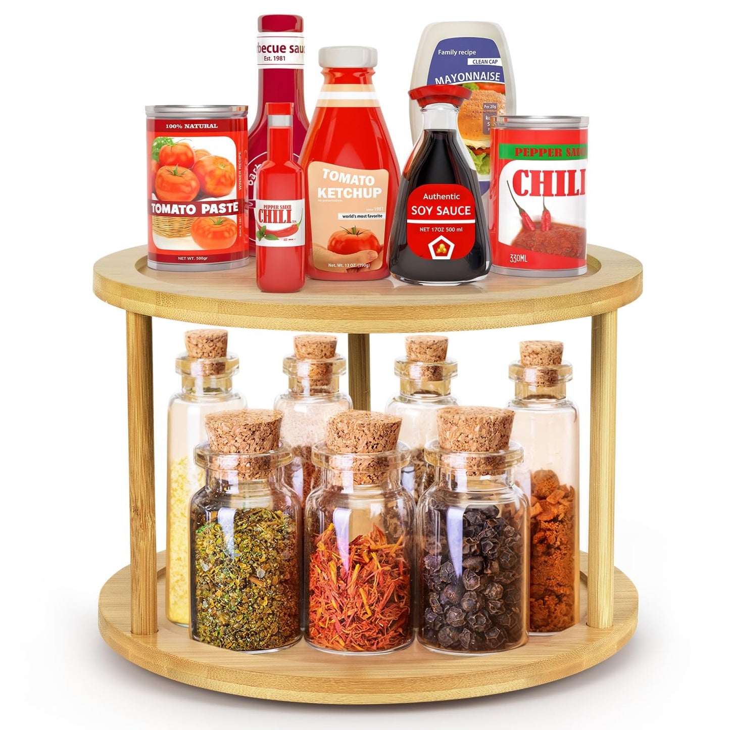 Bamboo Lazy Susan Turntable Organizer 2 Tier Spice Rack Kitchen for Countertop
