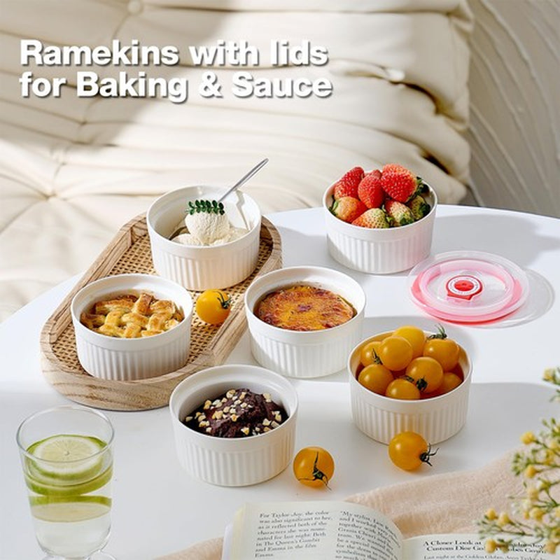 Ramekins with Lids Set of 6 8 Oz Porcelain Creme Brulee Souffle Covers White