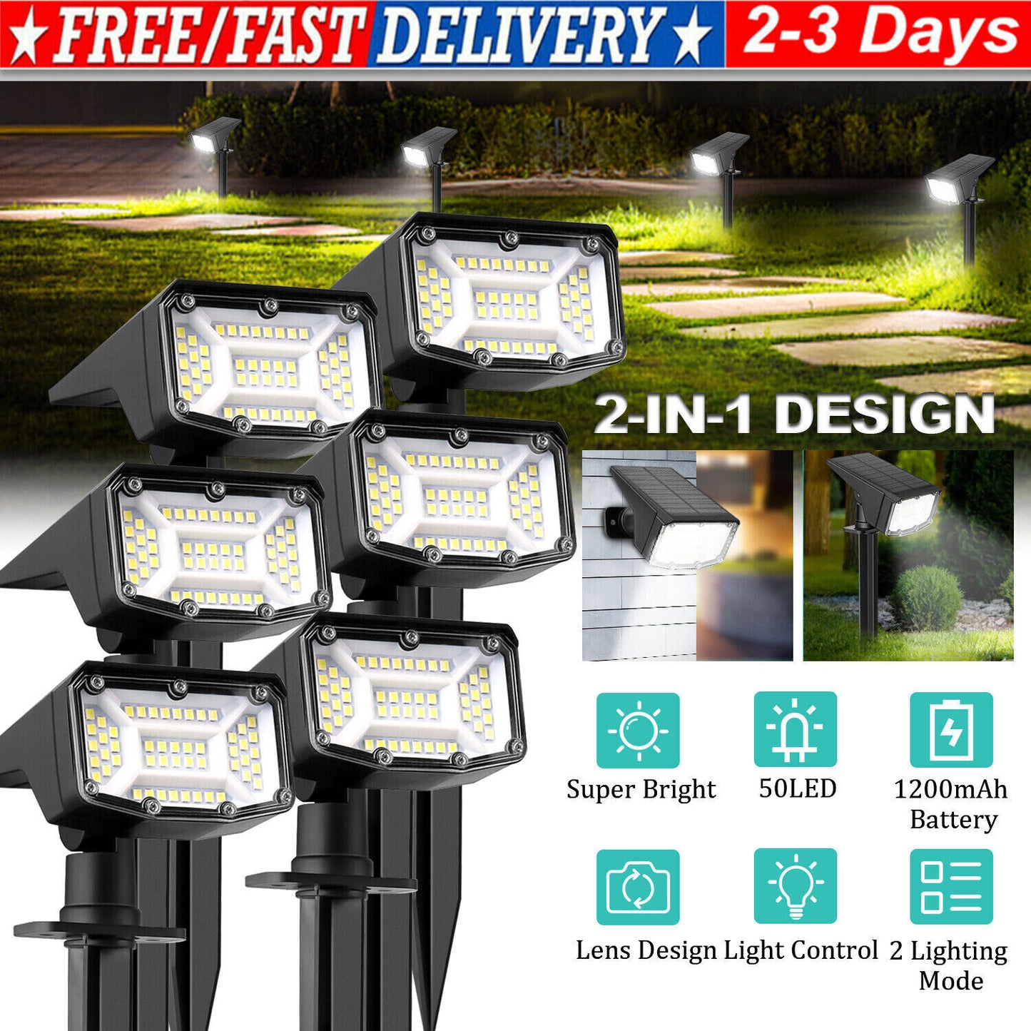 2-8PK Solar 50-LED Flood Lamp Spotlights Outdoor Garden Wall Landscape Light