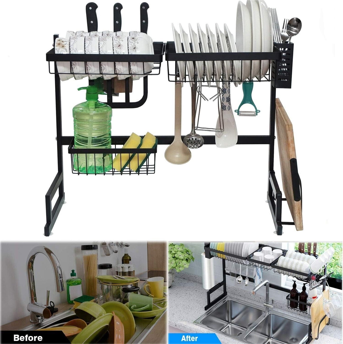 Dish Drying Rack Kitchen Storage Shelf over Sink 2-Tier Stainless Steel Cutlery