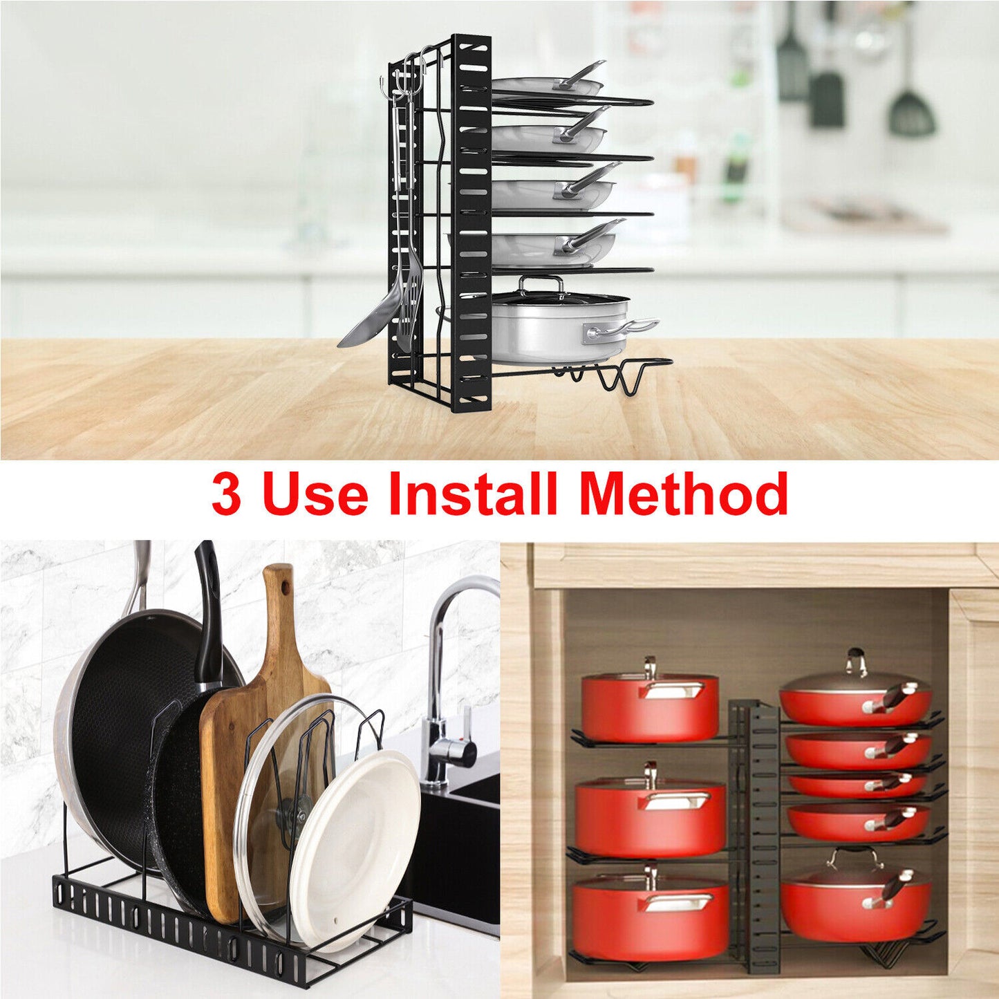 Pots and Pans Organizer for Cabinet 8 Tier Adjustable Pot and Pan Organizer Rack