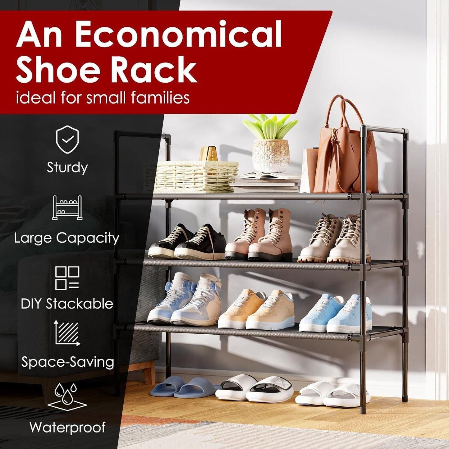 Shoe Rack - X-LARGE Shoe Organizer, 3-Tier Shoe Storage Rack, Sturdy Shoe Rack F
