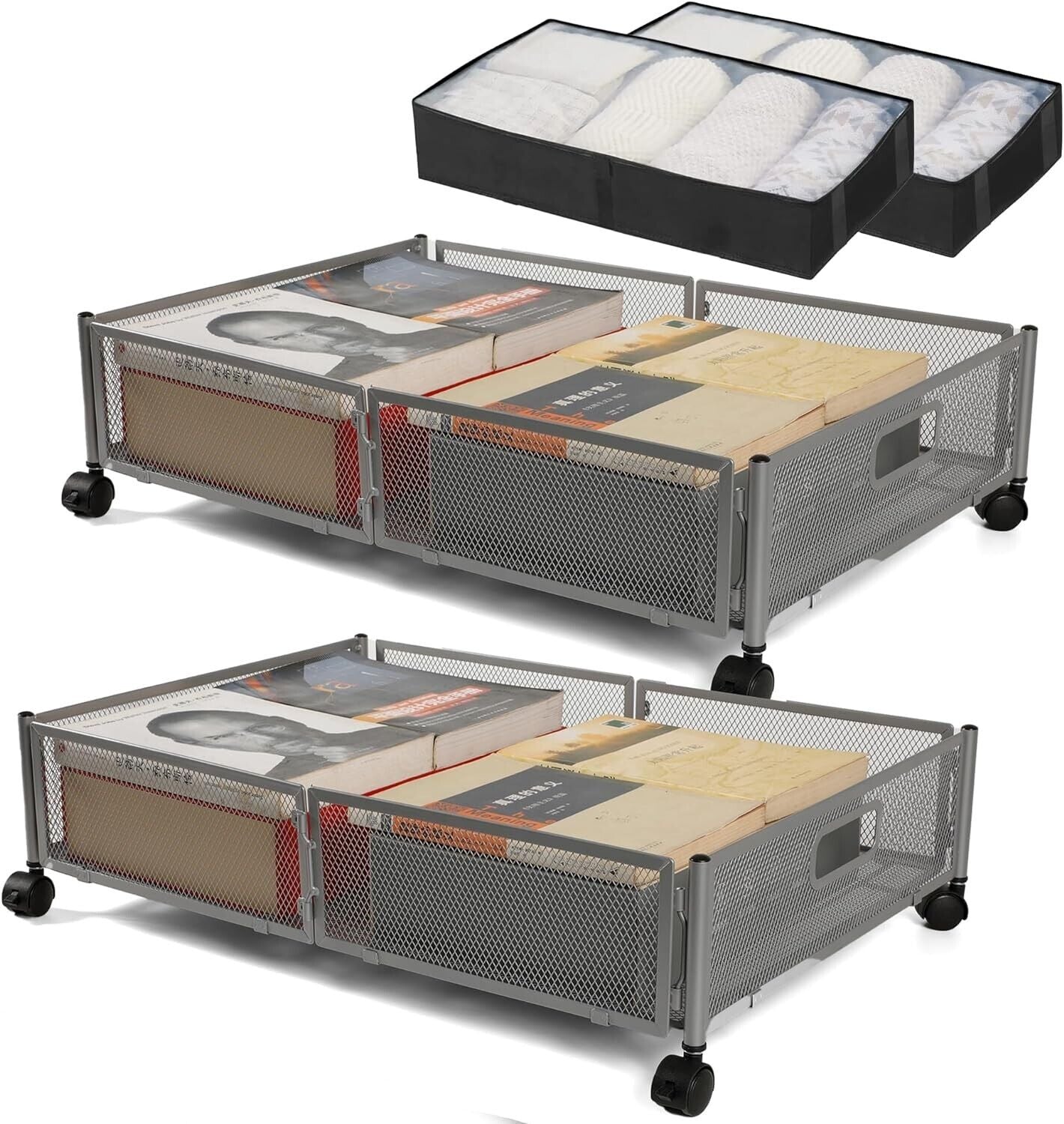 Under Bed Storage with Wheels Containers Foldable Rolling Storage Bags (2Pcs)
