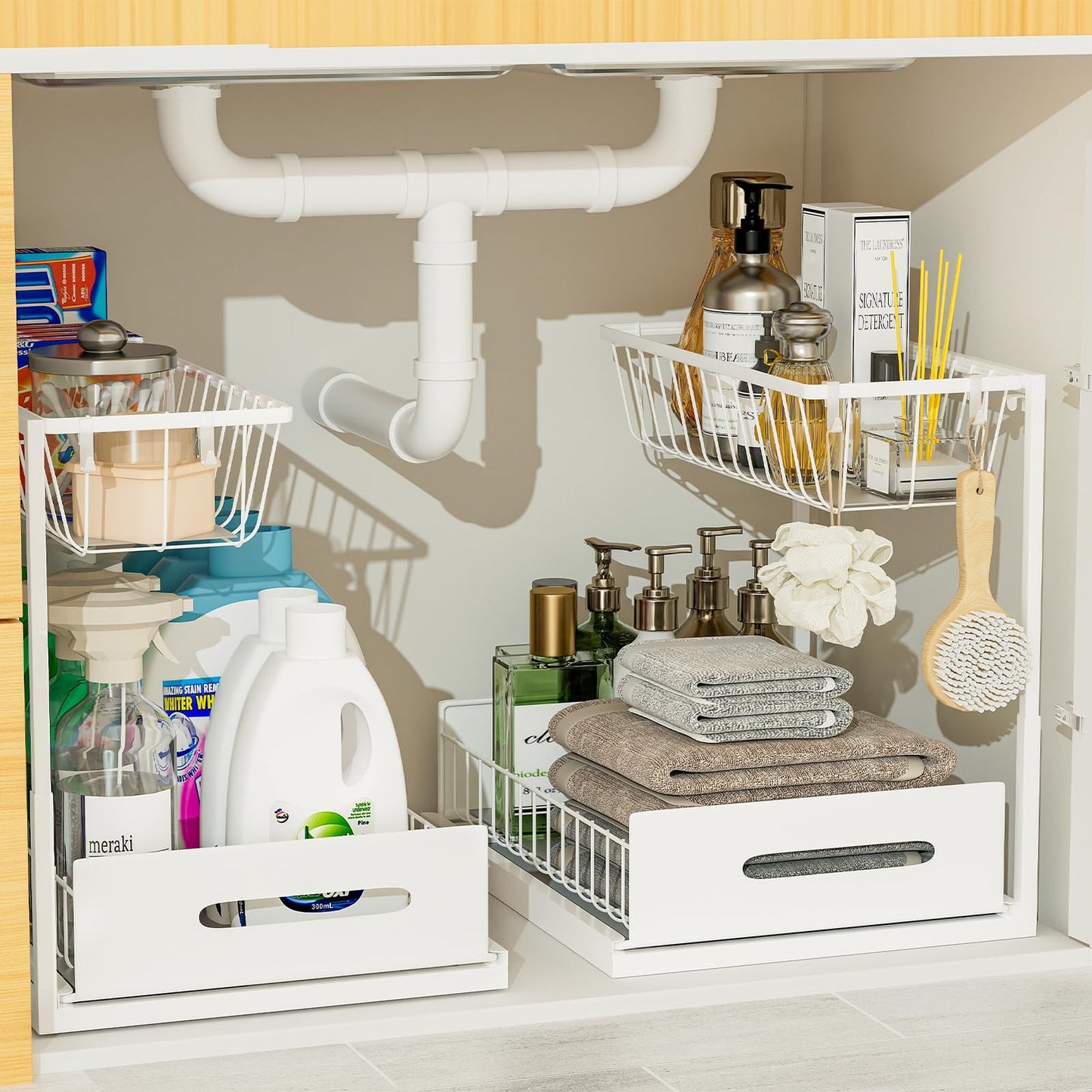 Under Sink Organizer Metal Pull Out Cabinet and Storage Slide Shelf with Hooks