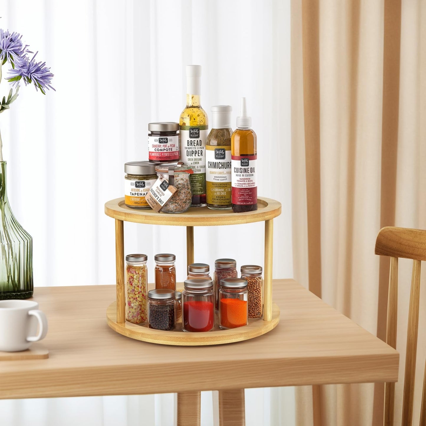 Bamboo Lazy Susan Turntable Organizer 2 Tier Spice Rack Kitchen for Countertop