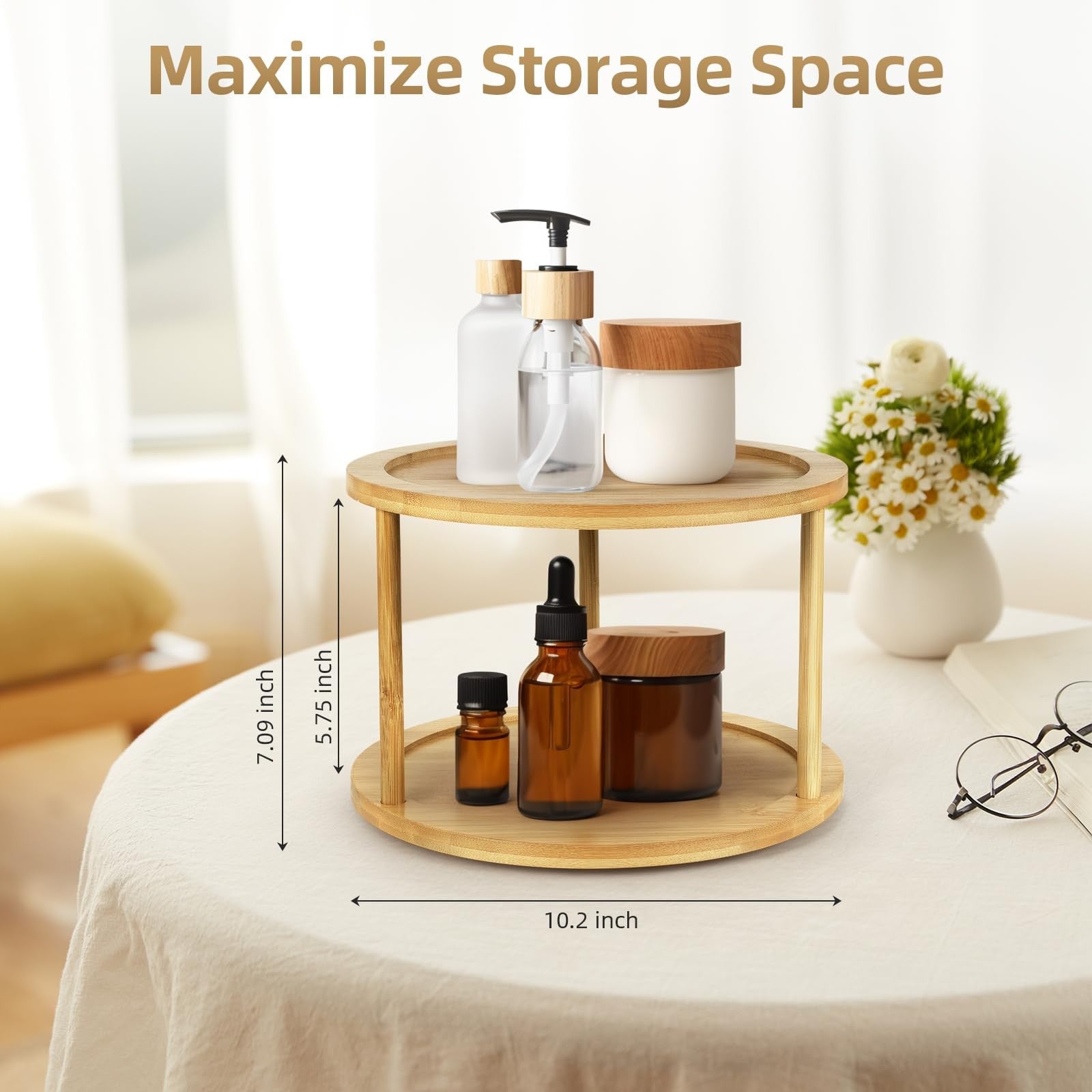 Bamboo Lazy Susan Turntable Organizer 2 Tier Spice Rack Kitchen for Countertop