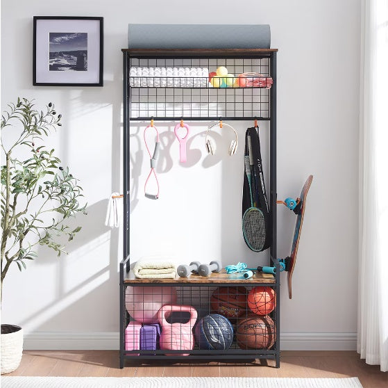 Garage Sports Equipment Storage Rack With Bench Storage Rack