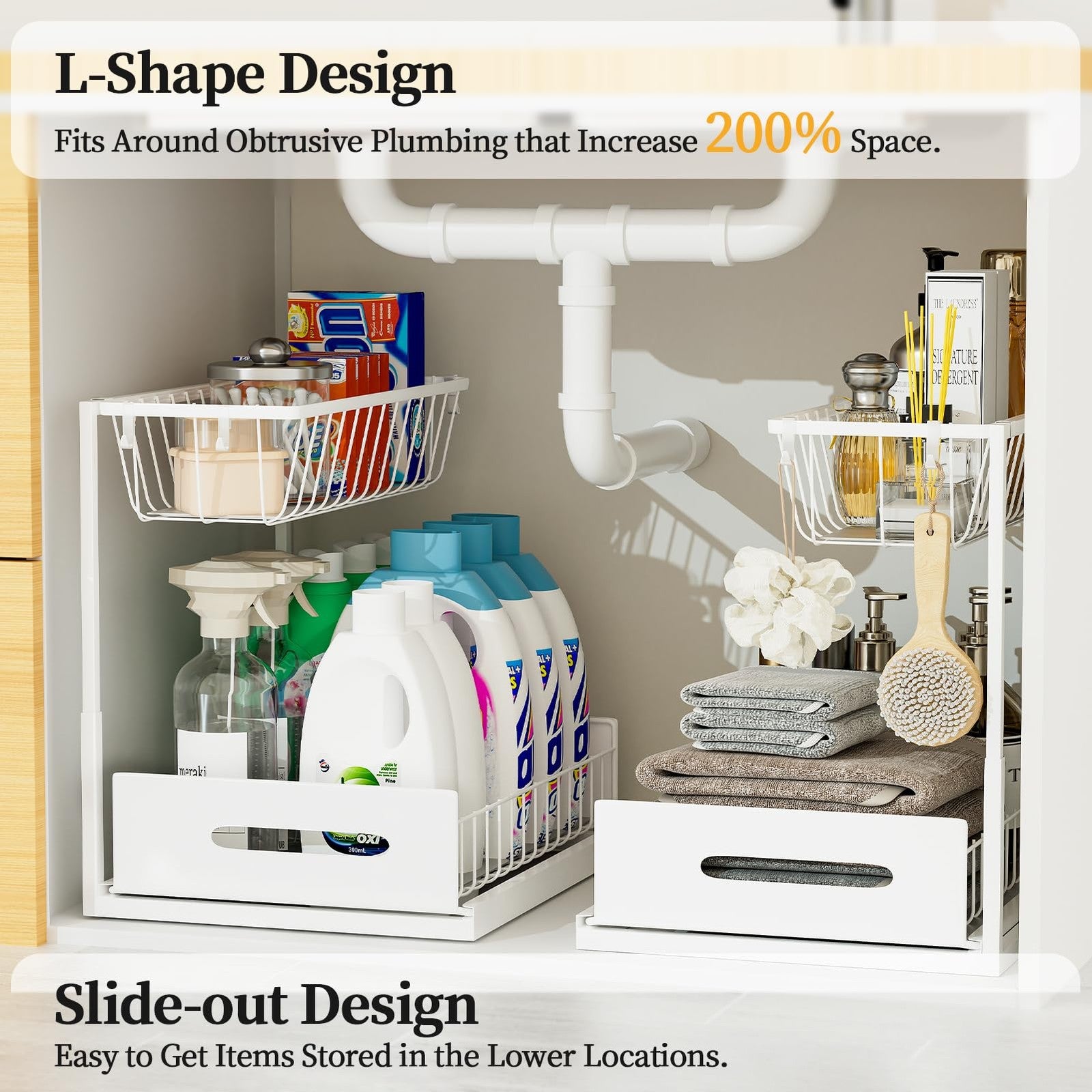 Under Sink Organizer Metal Pull Out Cabinet and Storage Slide Shelf with Hooks