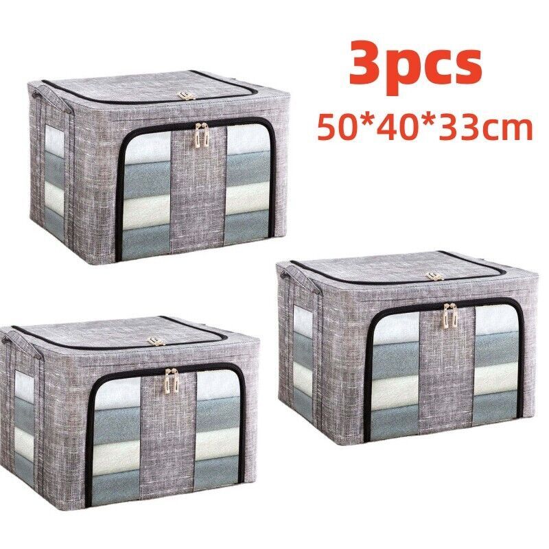 3PC 66L Clothes Storage Bags Zipped Organizer Underbed Wardrobe Cube Closet Box