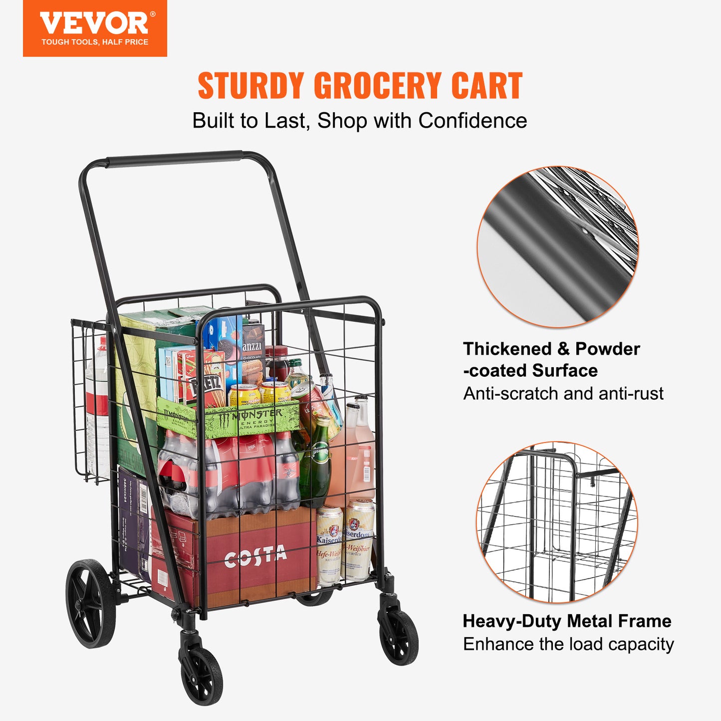 VEVOR Folding Shopping Cart, Jumbo Grocery Cart With Double Baskets, 360Swivel Wheels, Heavy Duty Utility Cart, 110 LBS Large Capacity Utility Cart For Laundry, Shopping, Grocery, Luggage