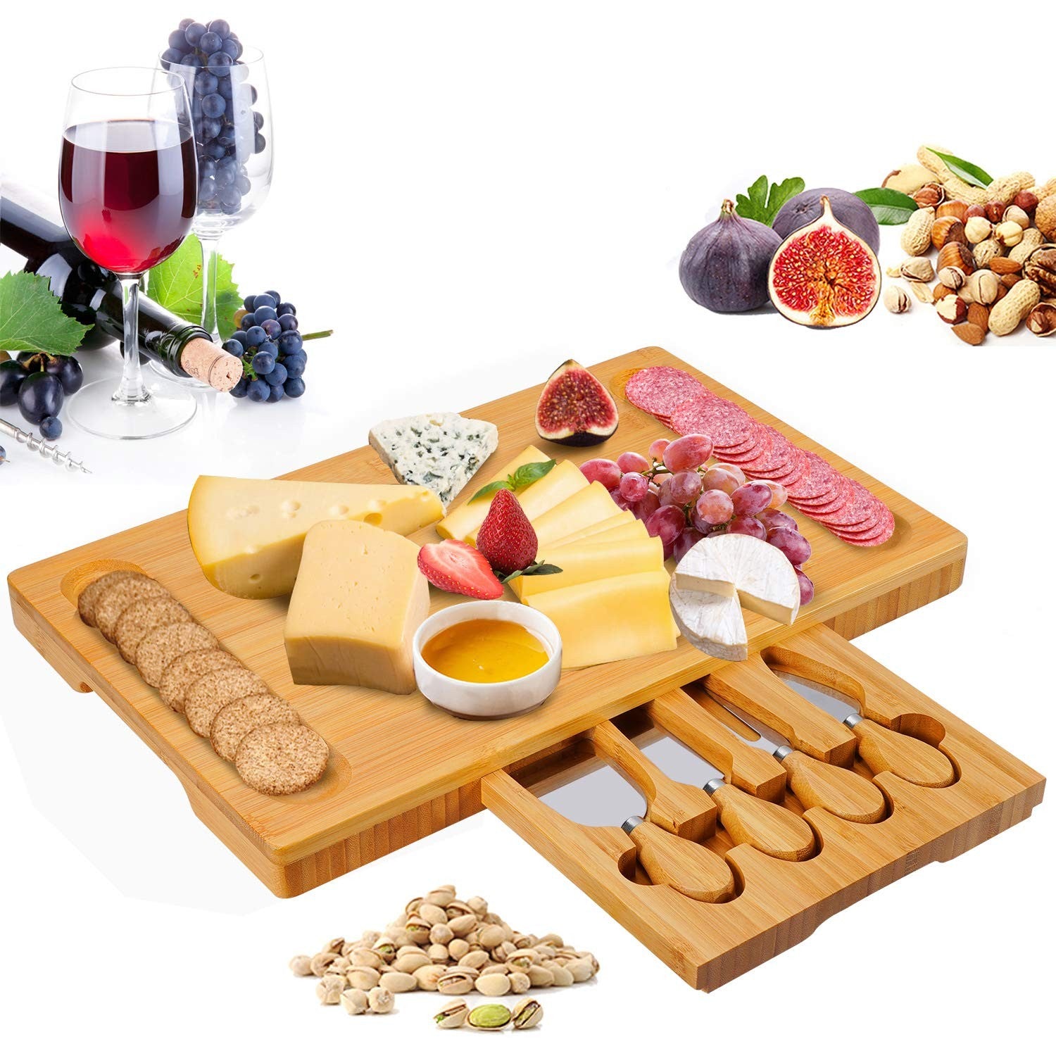 Bamboo Cheese Board and Knife Set with Slid-Out Drawer Wood Charcuterie Platter