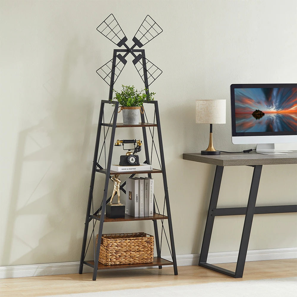 4-Tier Bookshelf,Display Storage Shelves With Metal Frame,Bookcase Organizer With Windmill For Living Room,Home Office