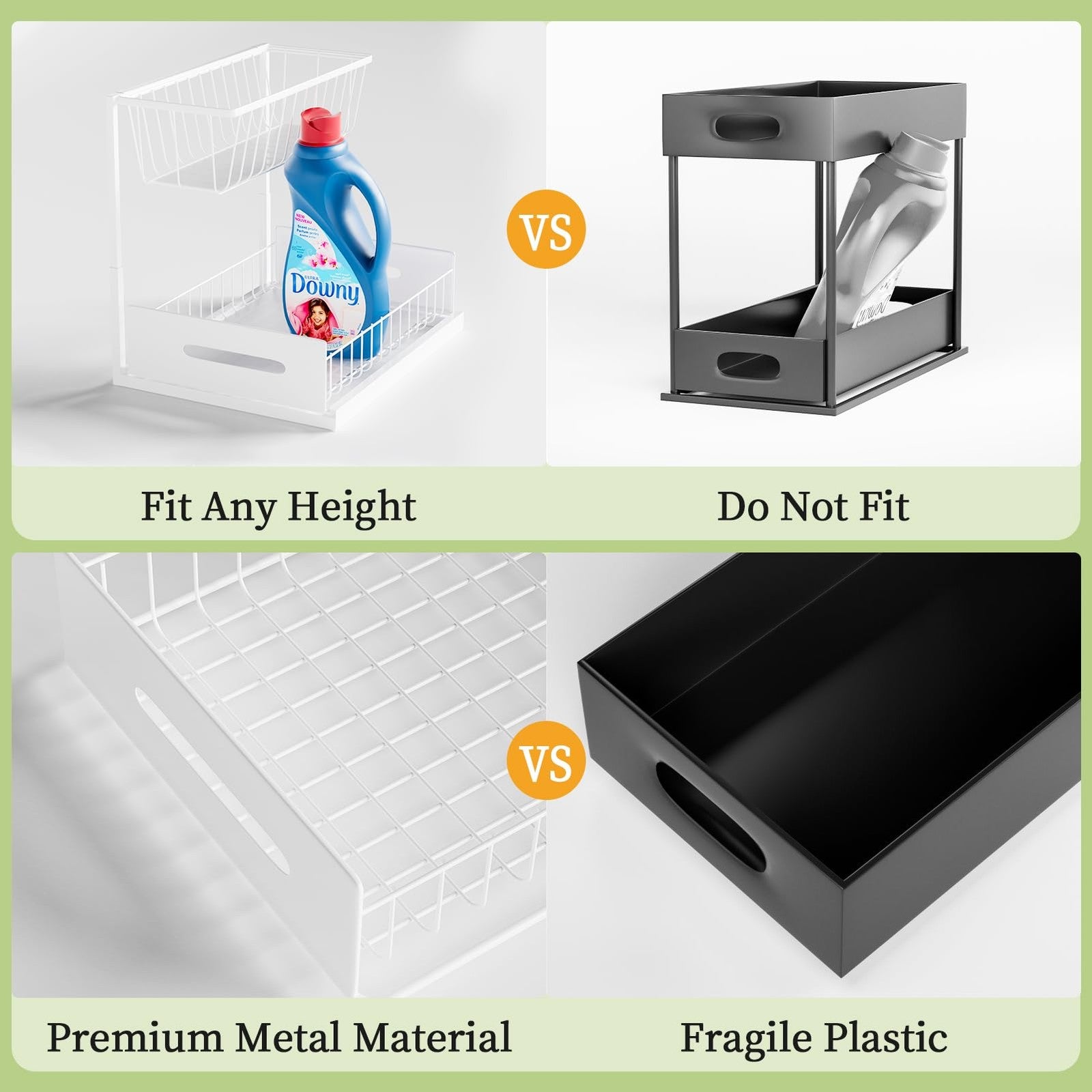 Under Sink Organizer Metal Pull Out Cabinet and Storage Slide Shelf with Hooks