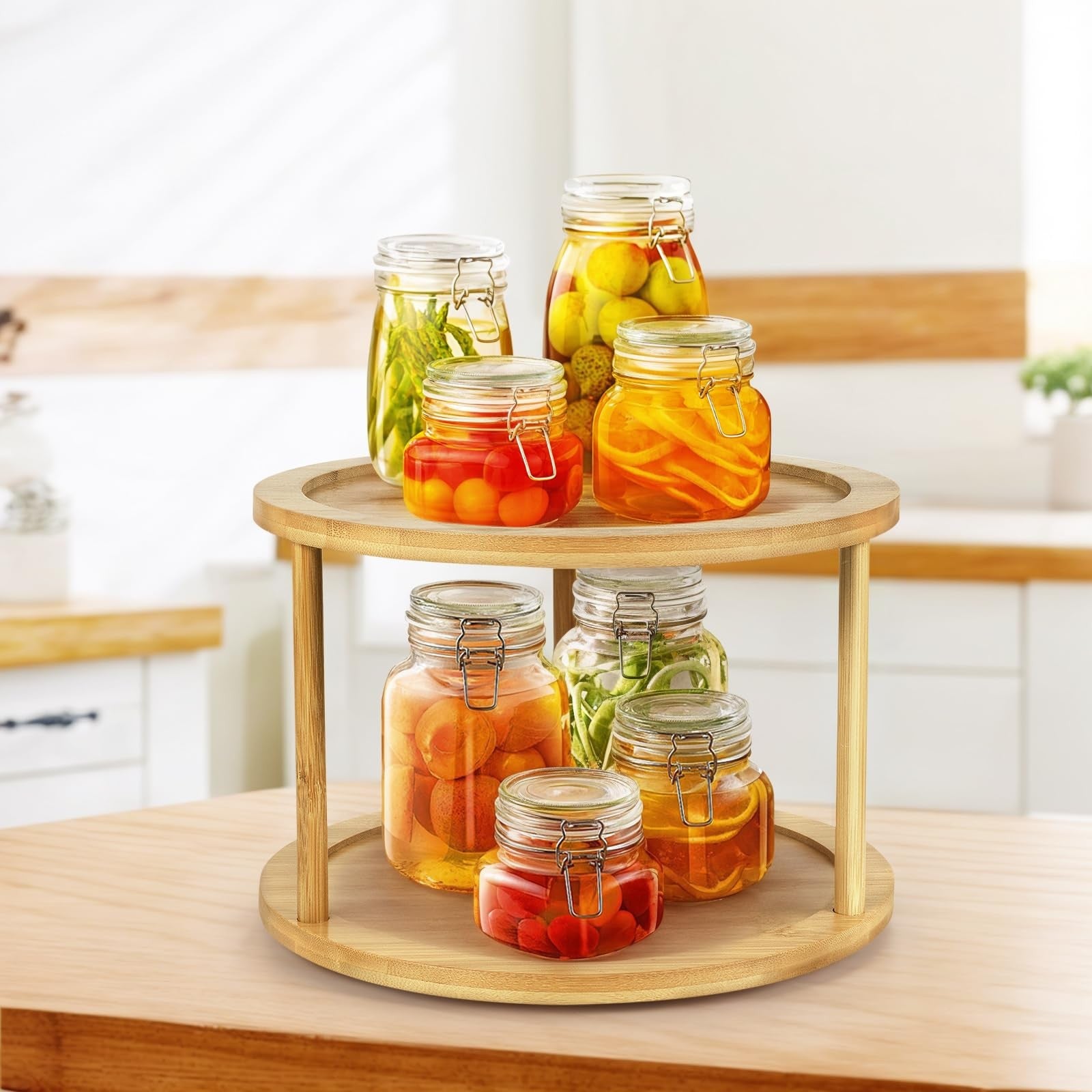 Bamboo Lazy Susan Turntable Organizer 2 Tier Spice Rack Kitchen for Countertop