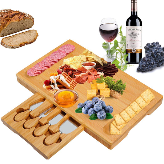 Bamboo Cheese Board and Knife Set with Slid-Out Drawer Wood Charcuterie Platter