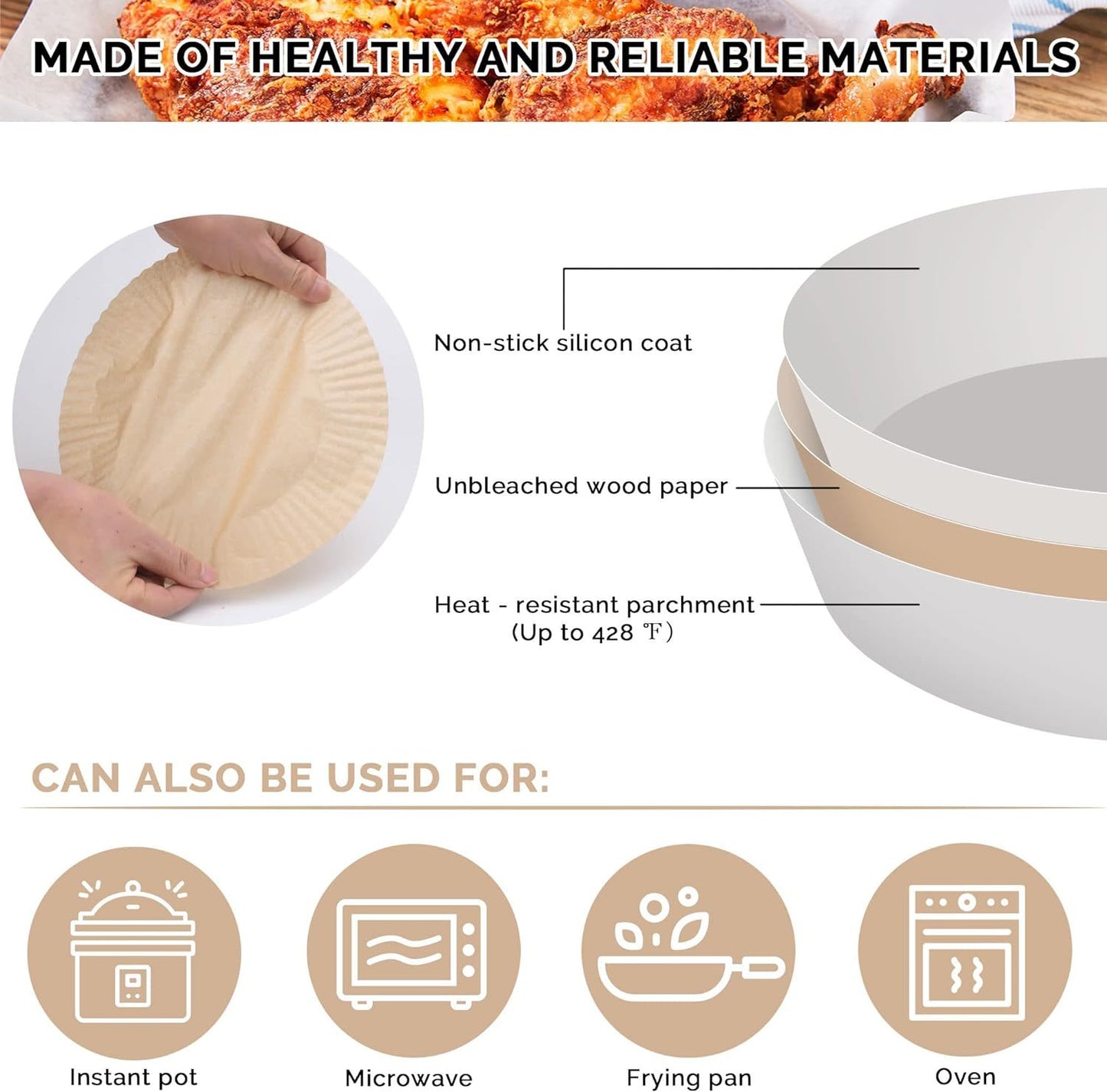 50PCS Ideal Kitchen Air Fryer Paper Liner Round 7.8 Inch,Baking Disposable Air Fryer Parchment Paper, Multipurpose Oil-absorbing Paper Tray