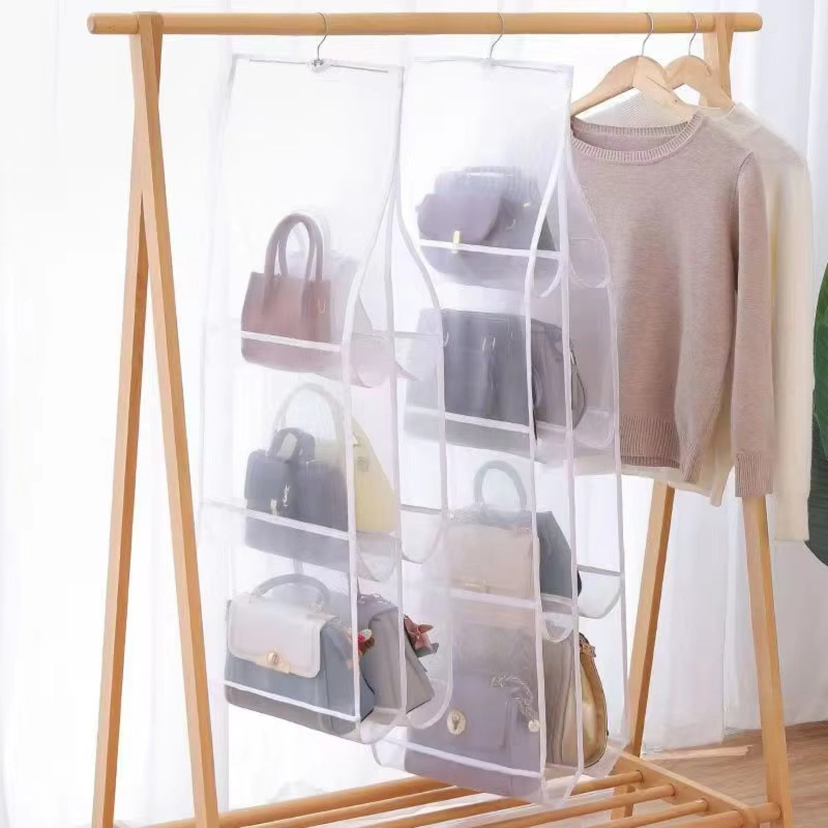 Hanging Handbag Storage Bag With 8 Pocket Wardrobe Closet Transparent Organizer Dust-proof Cover For Household Sundry Shoe Bag