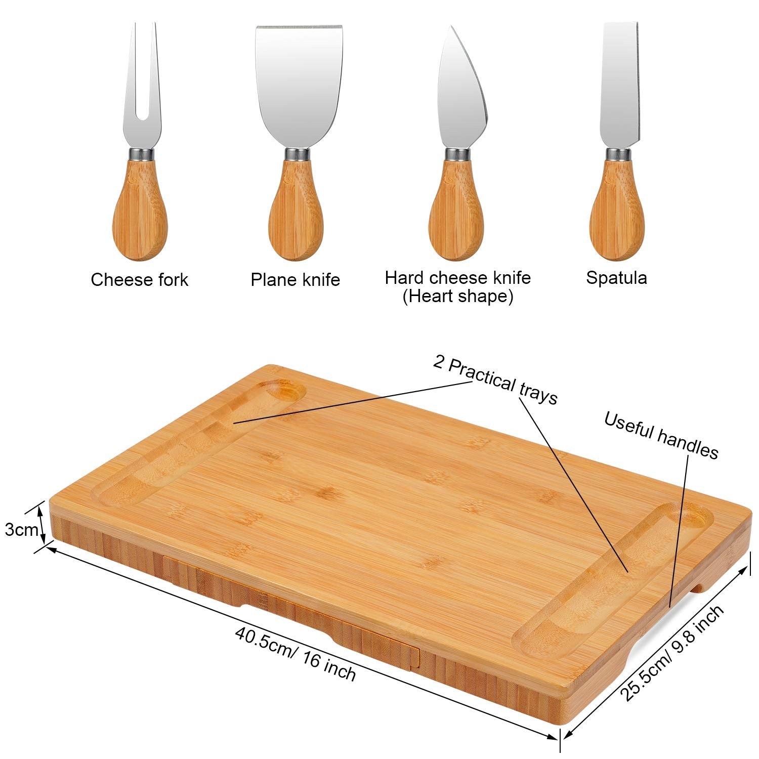 Bamboo Cheese Board and Knife Set with Slid-Out Drawer Wood Charcuterie Platter