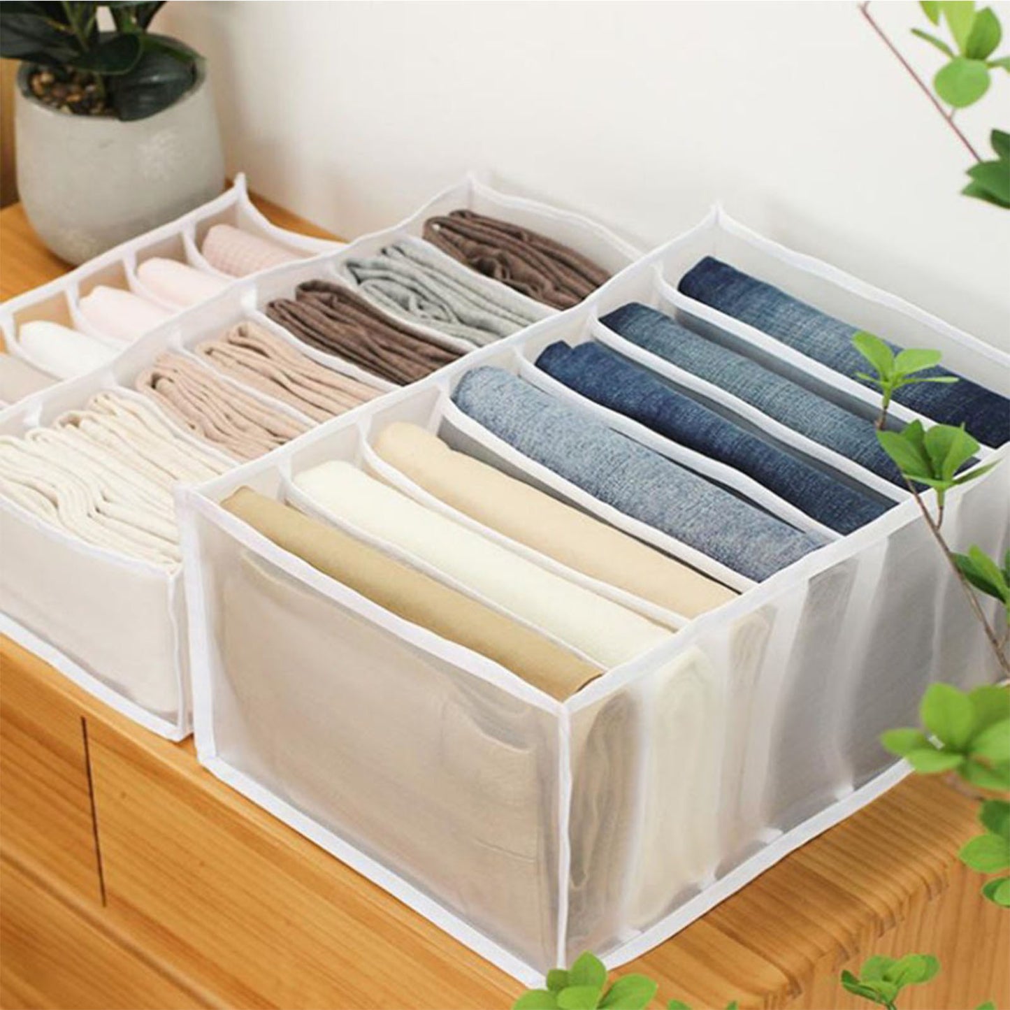 2Pcs White 7 Gird Pants Divider Storage Box Pants 7 Compartment Closet Pants Storage Case Organizer