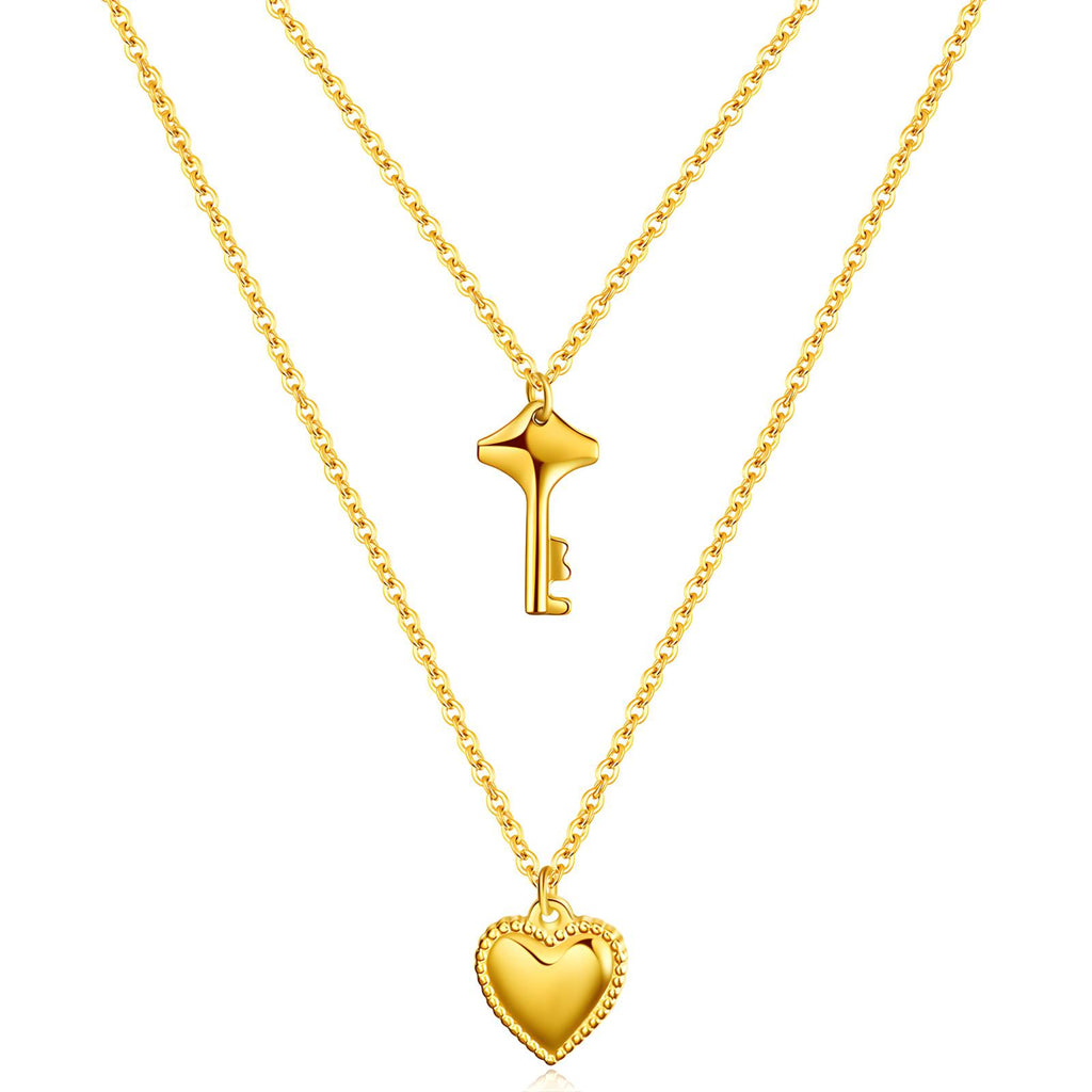Heart and Key Necklace, 18K Gold Plated Steel