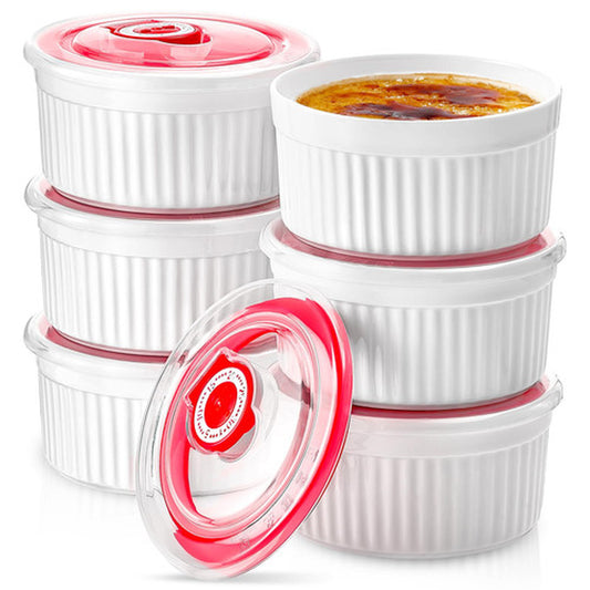 Ramekins with Lids Set of 6 8 Oz Porcelain Creme Brulee Souffle Covers White