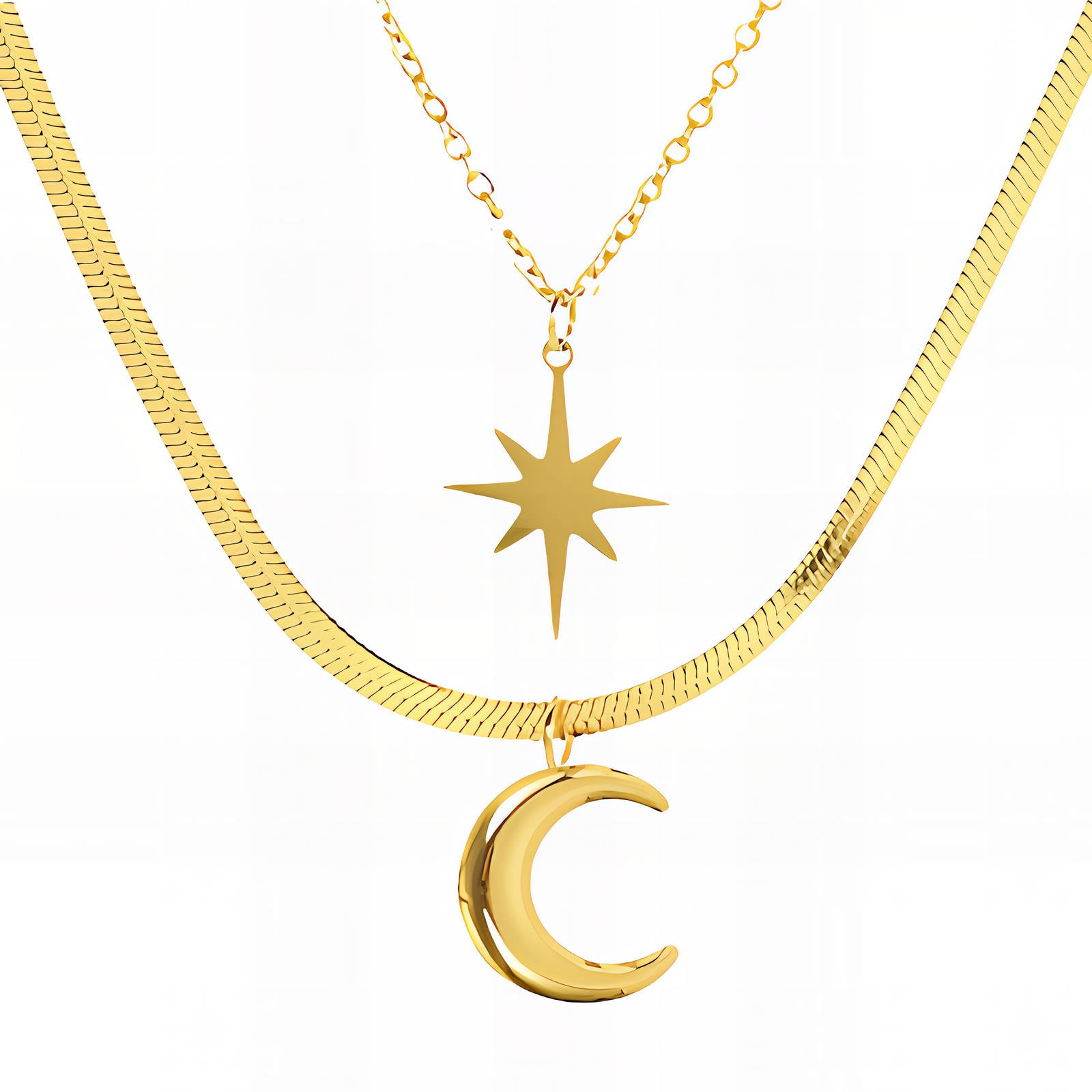 Crescent And Star Necklace, 18K Gold Plated Steel