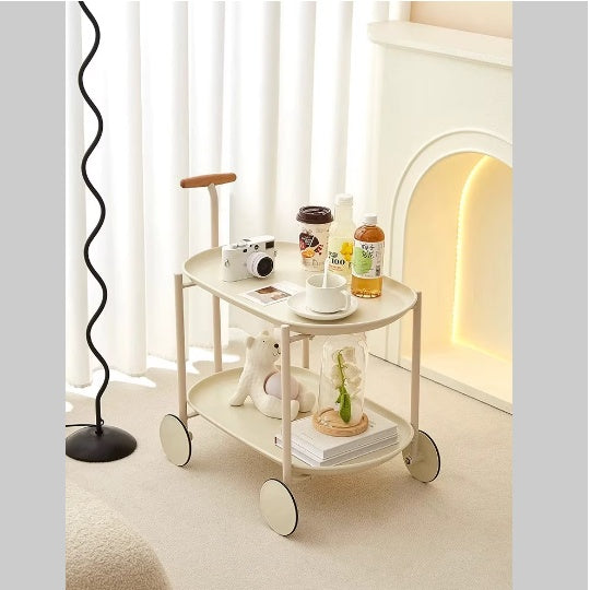 Movable Small Pushcart Inimalist Style Coffee Table Storage Cart Double-layer Modern Sofa Side Bedroom Leisure