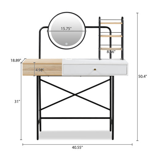 Makeup Vanity Desk With 3-Mode Lighted Mirror & Wireless Charging Station , Vanity Table With Drawer & 3 Open Shelves For Ample Storage Space