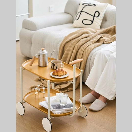 Movable Small Pushcart Inimalist Style Coffee Table Storage Cart Double-layer Modern Sofa Side Bedroom Leisure