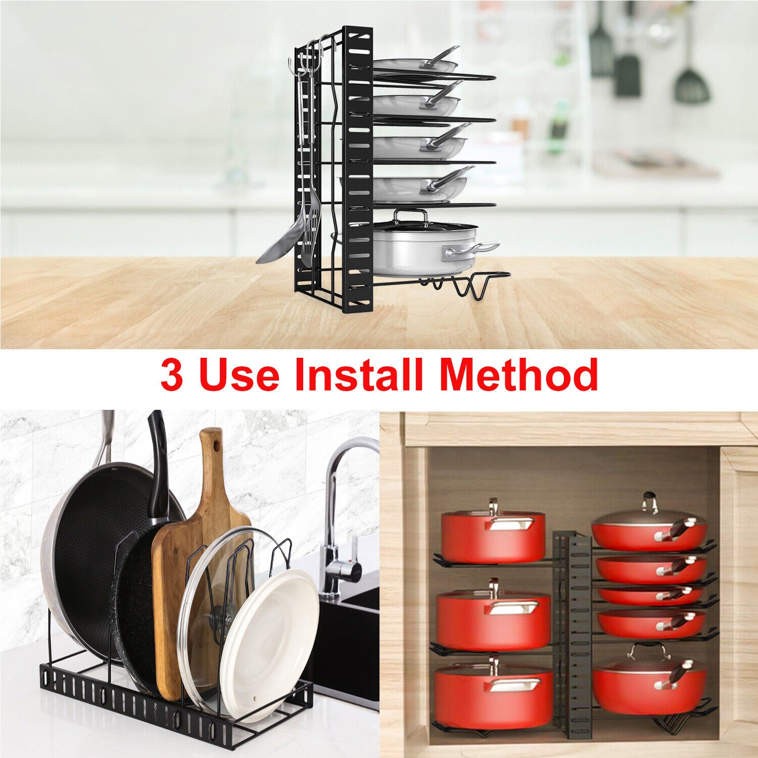 Pots and Pans Organizer for Cabinet 8 Tier Adjustable Pot and Pan Organizer Rack
