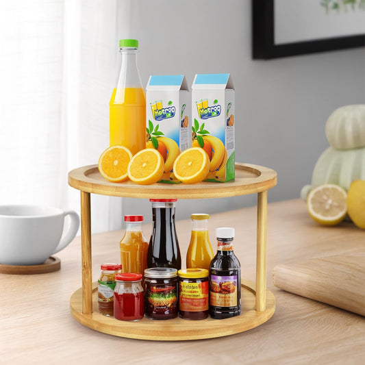 Bamboo Lazy Susan Turntable Organizer 2 Tier Spice Rack Kitchen for Countertop