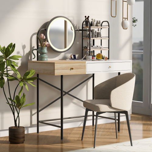 Makeup Vanity Desk With 3-Mode Lighted Mirror & Wireless Charging Station , Vanity Table With Drawer & 3 Open Shelves For Ample Storage Space