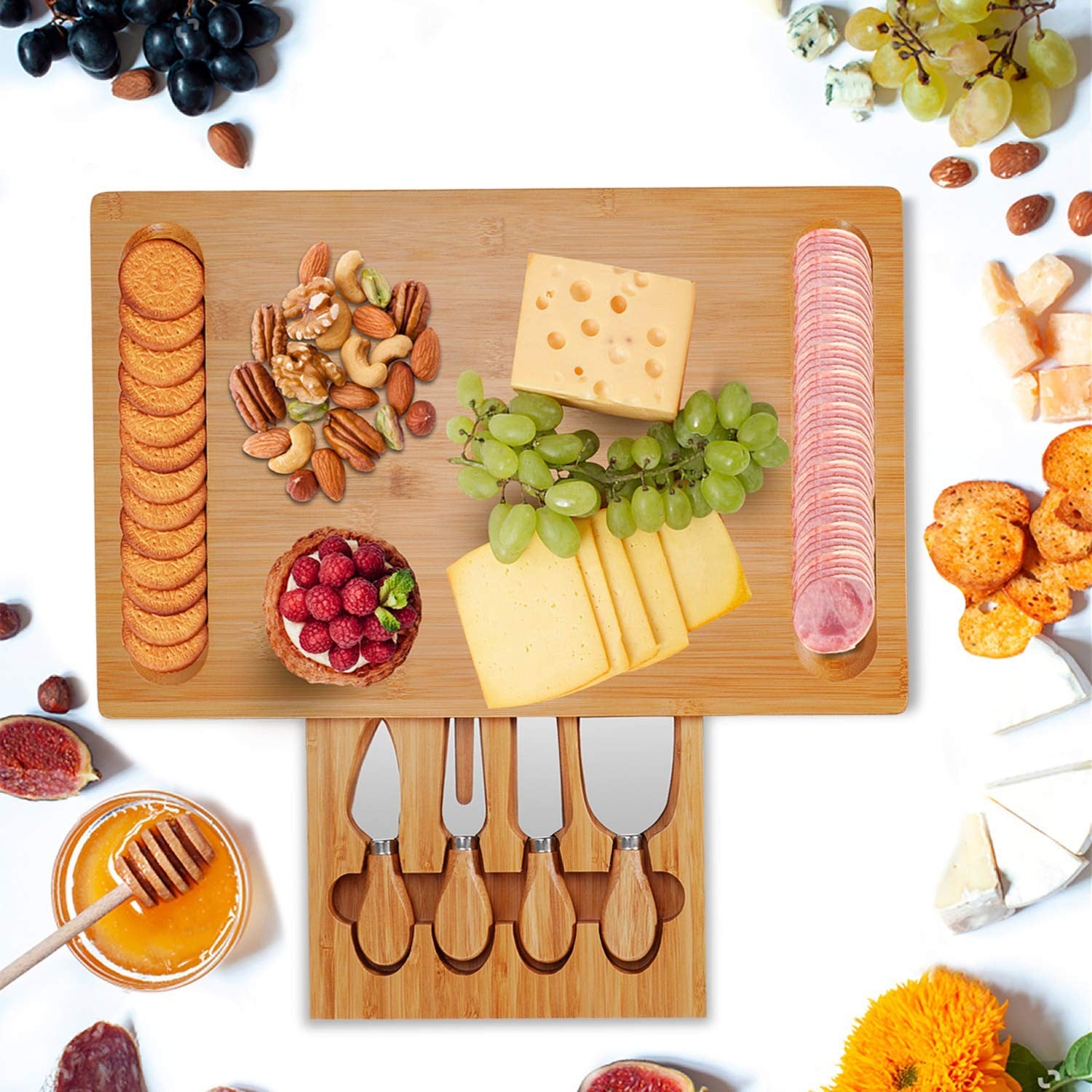 Bamboo Cheese Board and Knife Set with Slid-Out Drawer Wood Charcuterie Platter