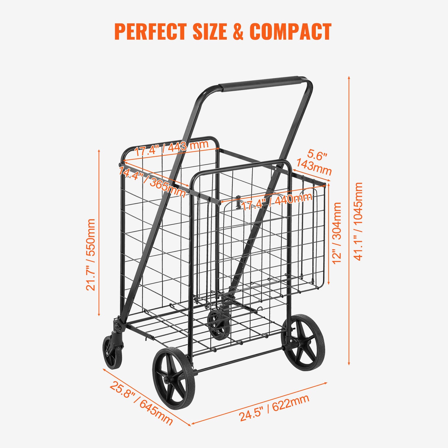 VEVOR Folding Shopping Cart, Jumbo Grocery Cart With Double Baskets, 360Swivel Wheels, Heavy Duty Utility Cart, 110 LBS Large Capacity Utility Cart For Laundry, Shopping, Grocery, Luggage