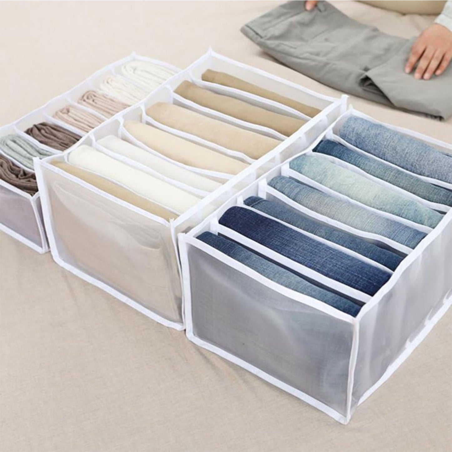 2Pcs White 7 Gird Pants Divider Storage Box Pants 7 Compartment Closet Pants Storage Case Organizer