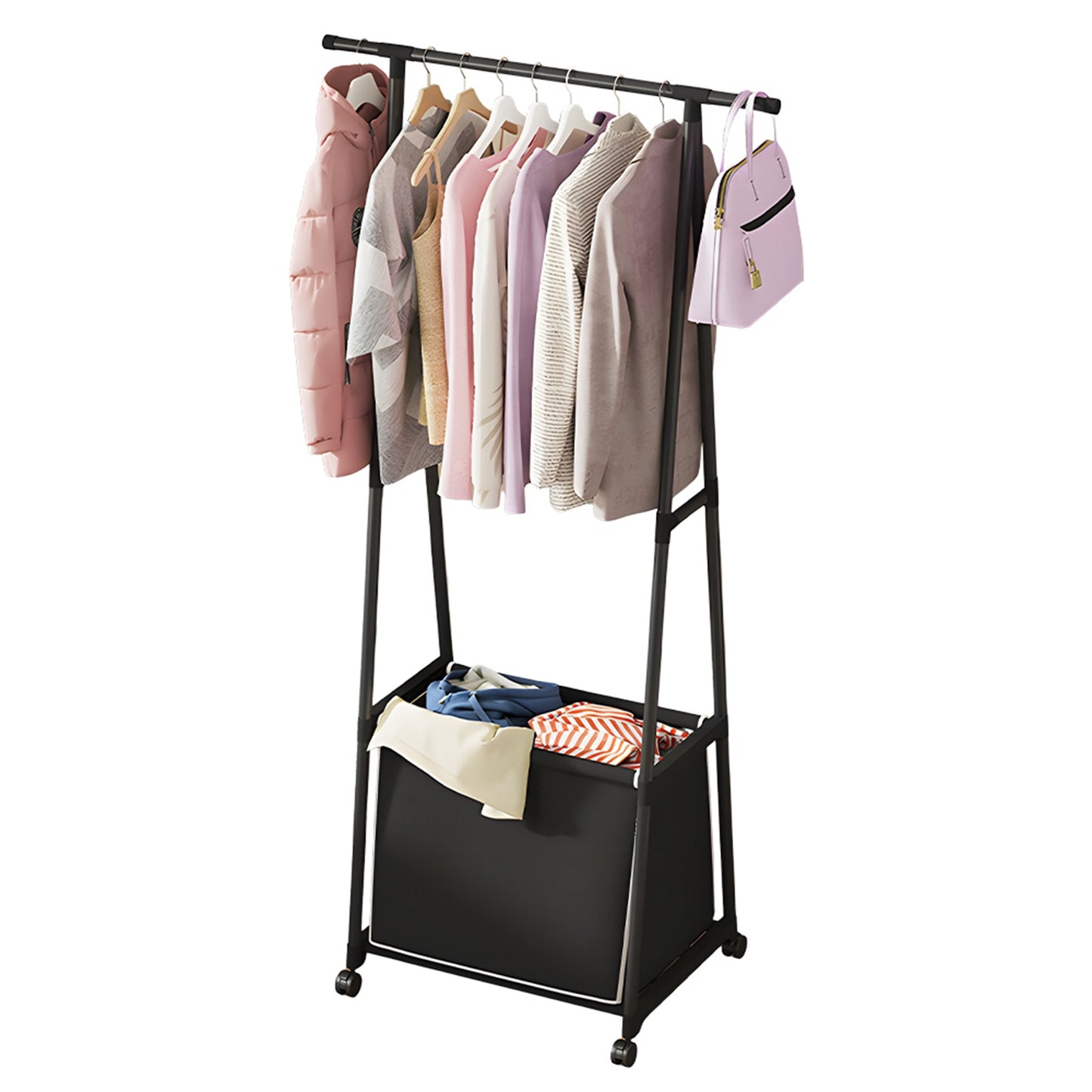 Clothes Rack with Large Storage Bag Removable Clothes Organizer Stand on Wheels 2-in-1 Freestanding Triangle Garment Rack Rolling Clothes Storage Cart for Bedroom / Laundry Room / Living-room