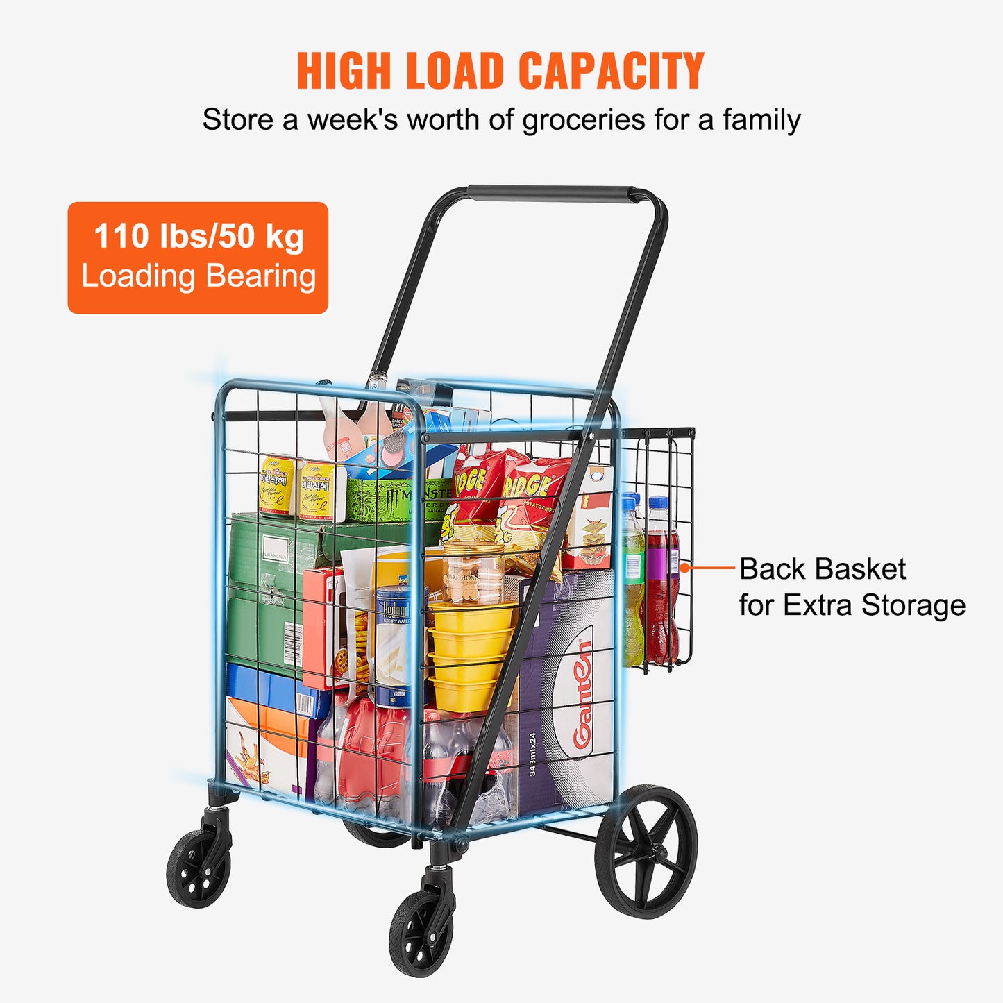 VEVOR Folding Shopping Cart, Jumbo Grocery Cart With Double Baskets, 360Swivel Wheels, Heavy Duty Utility Cart, 110 LBS Large Capacity Utility Cart For Laundry, Shopping, Grocery, Luggage