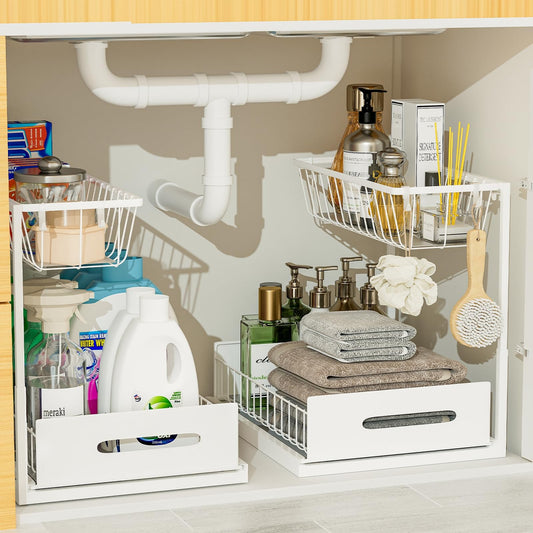Under Sink Organizer Metal Pull Out Cabinet and Storage Slide Shelf with Hooks