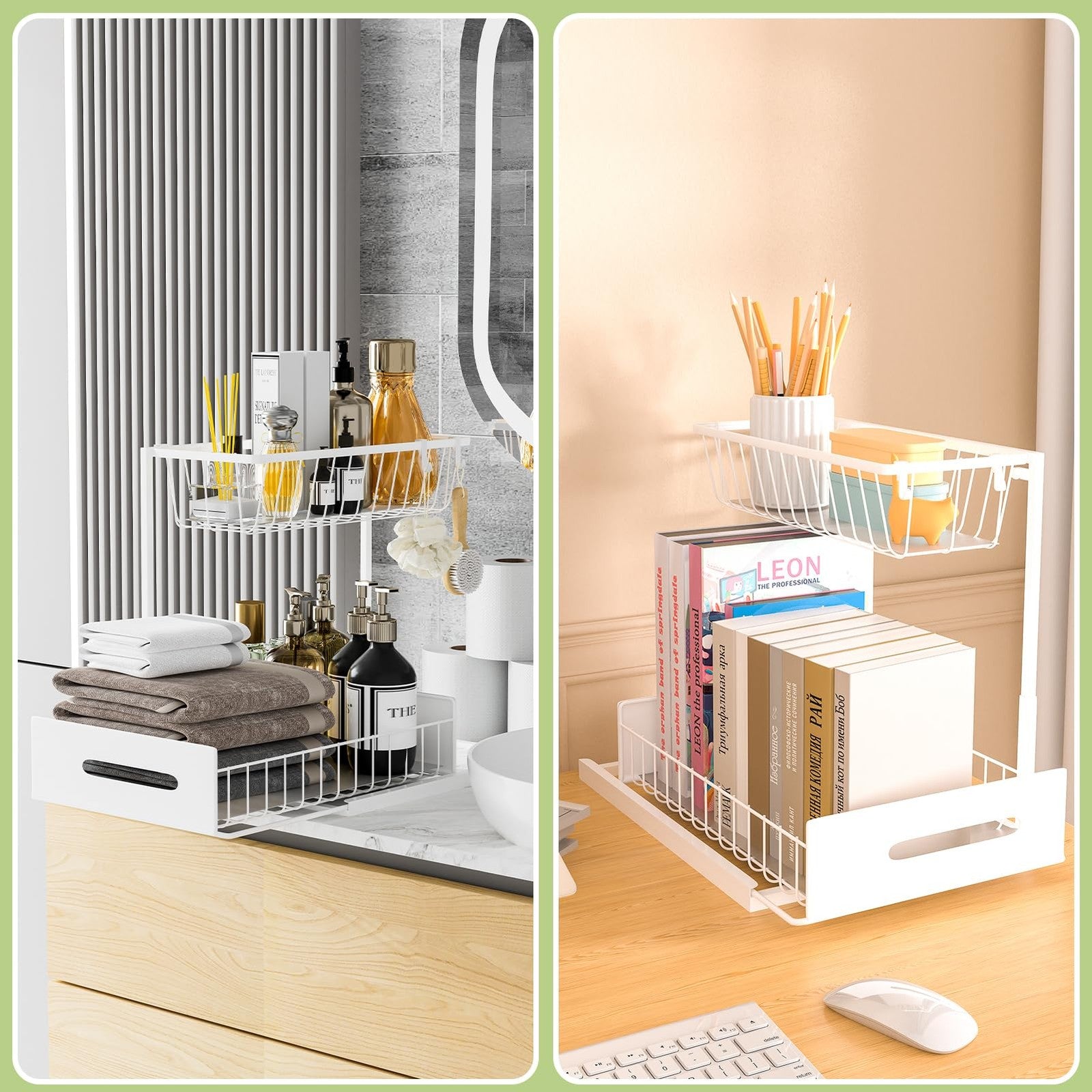 Under Sink Organizer Metal Pull Out Cabinet and Storage Slide Shelf with Hooks