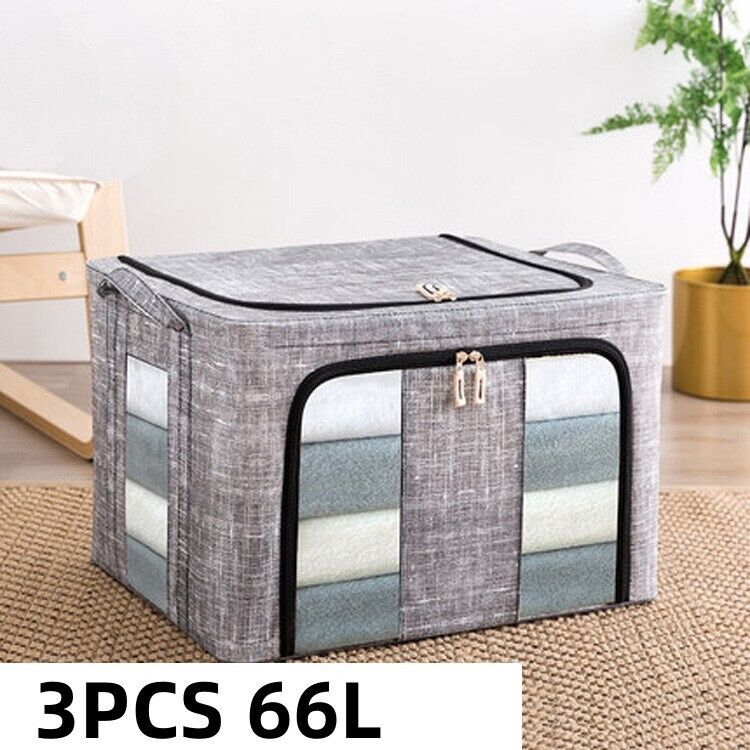 3PC 66L Clothes Storage Bags Zipped Organizer Underbed Wardrobe Cube Closet Box