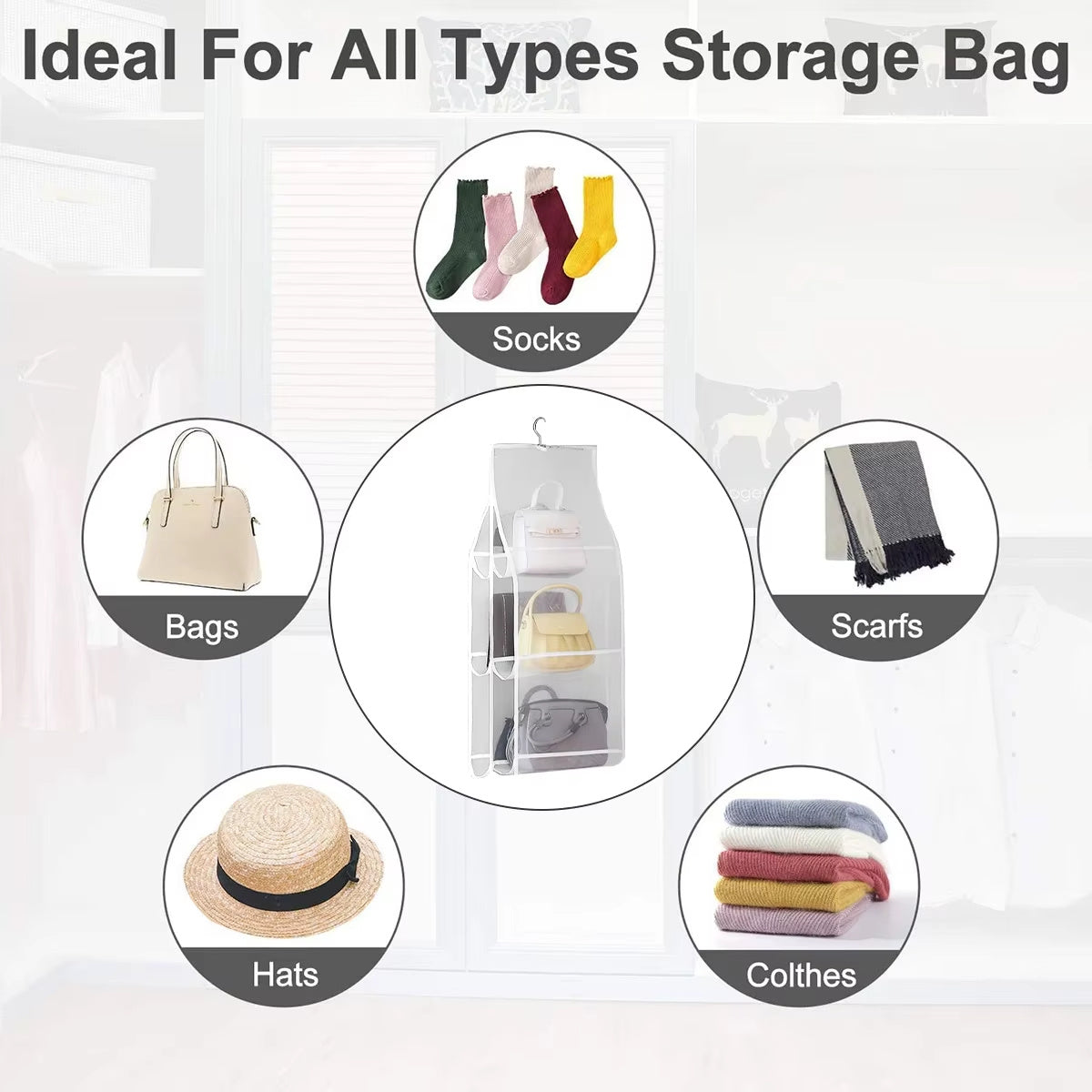 Hanging Handbag Storage Bag With 8 Pocket Wardrobe Closet Transparent Organizer Dust-proof Cover For Household Sundry Shoe Bag