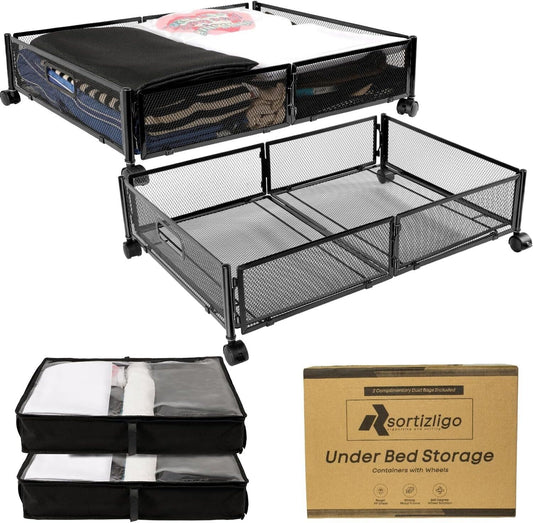 Under Bed Storage with Wheels Containers Foldable Rolling Storage Bags (2Pcs)